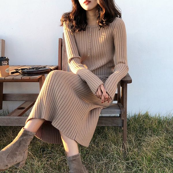 

dress autumn winter korean fashion casual sleeves knitted sweater women o-neck long robe femme m89h, Black;gray