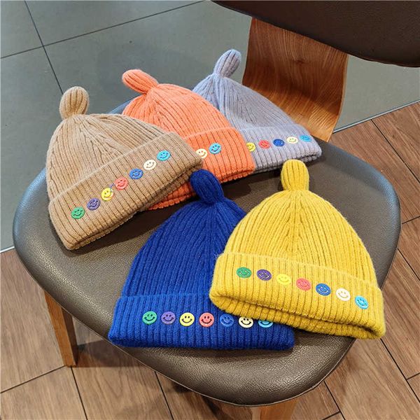 

autumn and winter 7 smiling face cold knitted lovers double layer thickened warm wool hat children designer fashion, Yellow