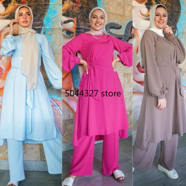 

ethnic clothing islamic pant set for women abaya dress muslim fashion solid long sleeve arab dubai eid mubarak ladie karftan 2 piece, Red