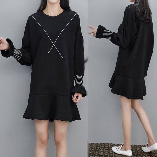 

casual dresses women hoodies dress o neck long sleeve black loose plus size clothes student girl clothing big xl-4xl vestidos, Black;gray