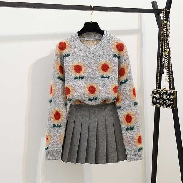 

flower hit striped colored women knitted sweater skirt suits ol autumn winter vintage fashion clothing sets 210601, White