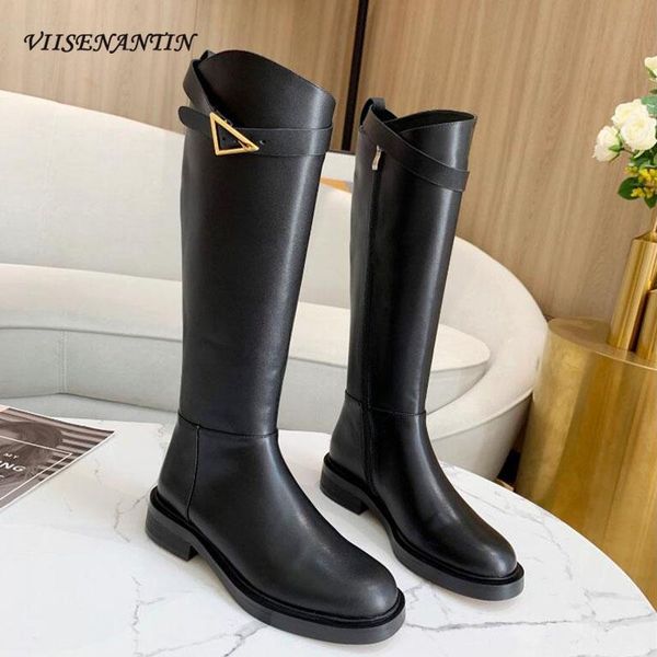 

boots black leather half metal triangle belt decor flat shoes 2021 spring nice amazing all match shoe fashion