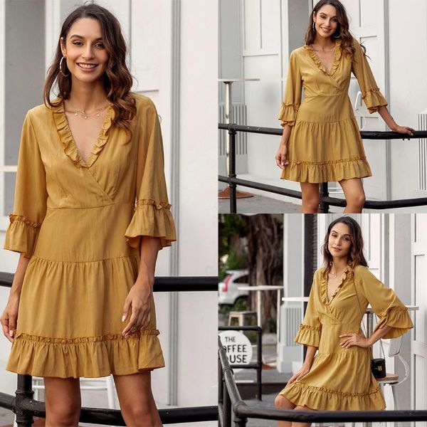 

casual dresses women 3/4 sleeves deep v neck tunic dress solid color midi pullover, Black;gray