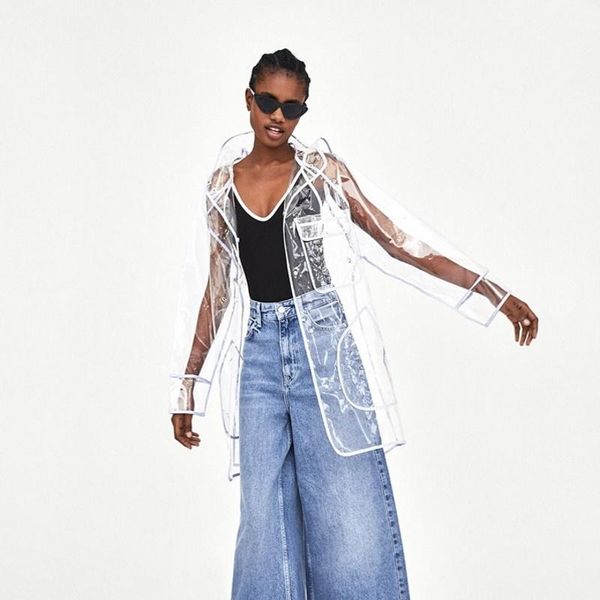 

women's leather & faux edging blue hooded see through stage show women pvc outwear coats loose high street single breasted fashion wate, Black