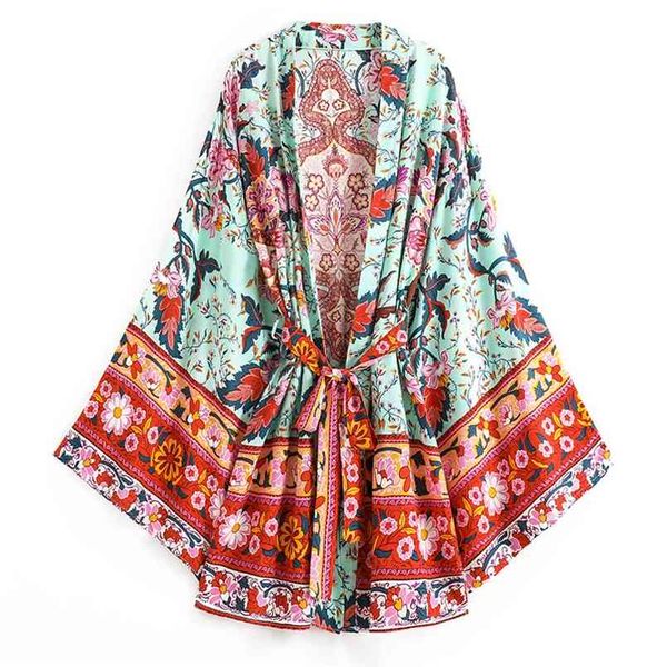 Boho Vintage Pavão Floral Impressão Sashes Quimono Mulheres Bohemian V Neck Batwing Sleeves Happie Curto Robe Kimono 210722