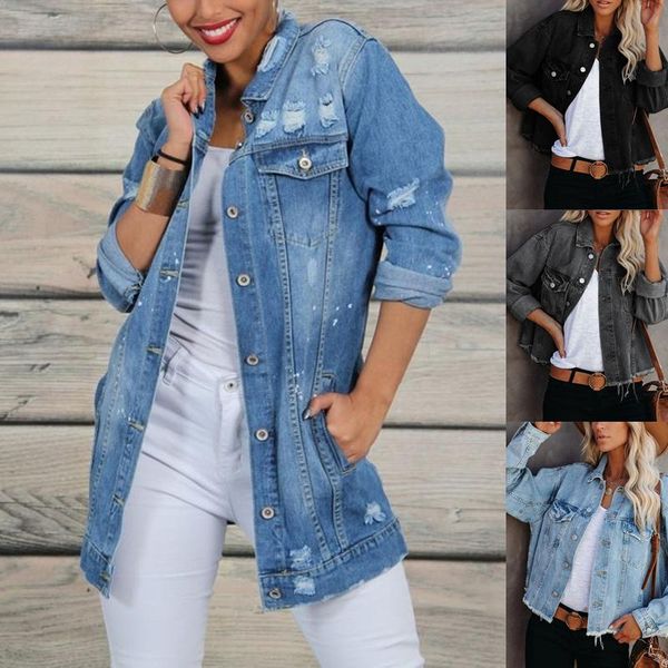 

women's jackets long denim jacket women oversize button down coats 2021 autumn fashion streetwear casual ripped oversized jeans, Black;brown