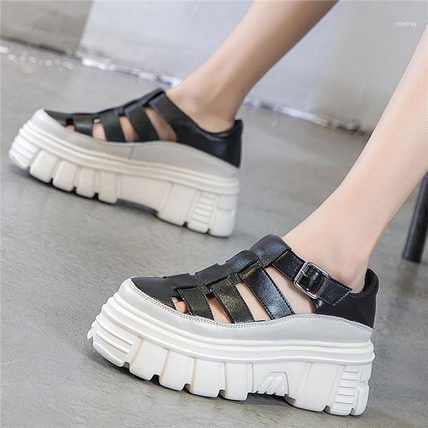 

sandals summer 2021 leather shoes genuine white platform for women11, Black