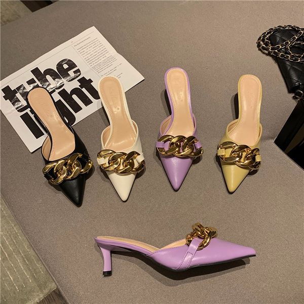 

purple/yellow/white/black women sandals pointed toe solid color metal chain summer dress shoes pumps thin high heels slippers 210513
