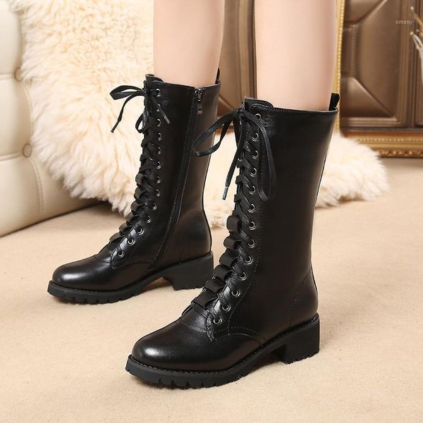 

boots round women's thick heel toe short british fashion lace high1, Black