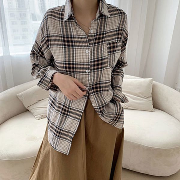 

women's blouses & shirts 2020 spring autumn korea fashion women long sleeve casual shirts vintage plaid turn-down collar loose b, White