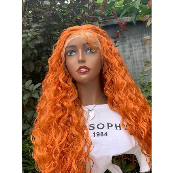 

synthetic wigs 180% density 26inch orange long kinky curly lace front wig for black women natural hairline with baby hair glueless