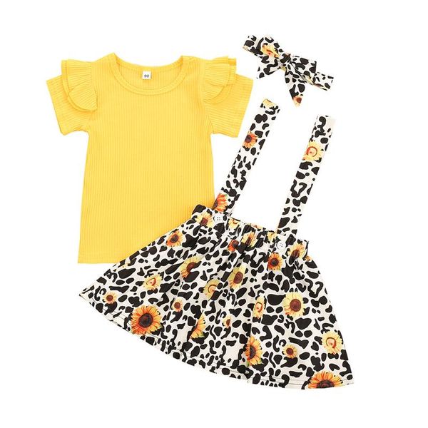 

clothing sets girl's set flower print short sleeve t-shirt and suspender skirt headwear three-piece suit for birthday party, White
