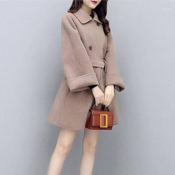 

women's wool & blends autumn winter s cotton long sleeve women coat lapel fashion pure color two-piece casual, Black