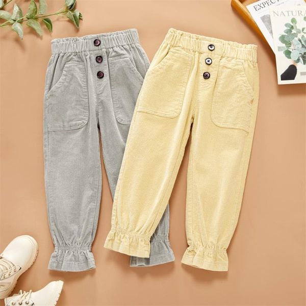 

trousers 2021 toddler girl ruffled button design solid corduroy casual pants with pocket, Blue