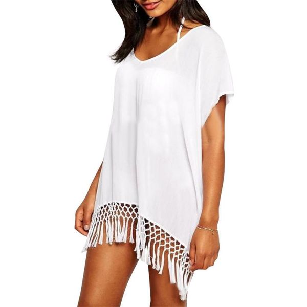 

women's swimwear summer beach dress with tassels pareo beachwear tunic white chiffon sarong swimsuit sun protection blouse clothing, White;black