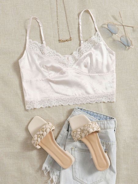

lace trim jacquard bustier cami crop c0cu#, White