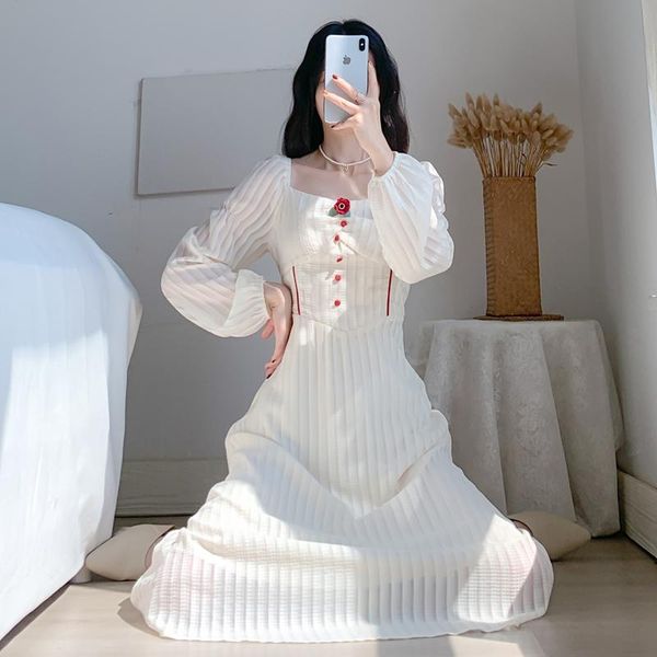 

casual dresses women autumn french temperament gentle wind chic long sleeve square collar vestidos fairy dress lantern apricot, Black;gray