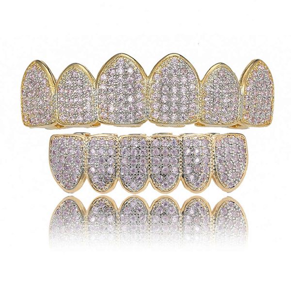 

new plated micro inlaid gold teeth pink zircon hip hop braces, Silver