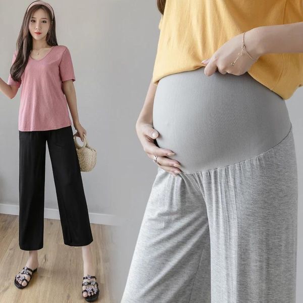 

summer thin wide leg loose modal maternity pants 9/10 length belly casual clothes for pregnant women pregnancy bottoms, White