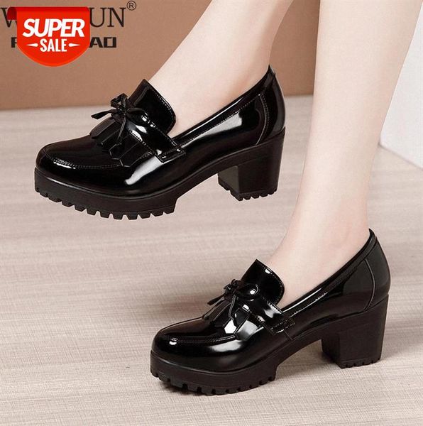 

wdhkun size 33-43 women pumps bowknot slip on tassels thick heels fashion vintage shoes for party leather footwear #h26n, Black
