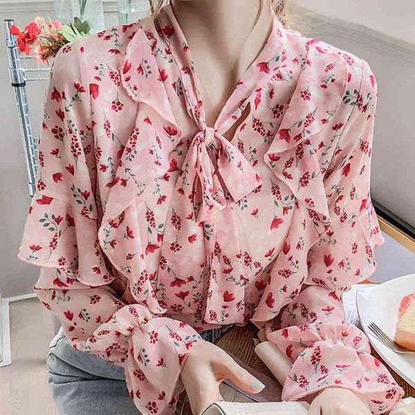 

long sleeve ruffles v-neck print chiffon blouse shirt women blusa blusas mujer de moda womens and blouses d820 210426, White