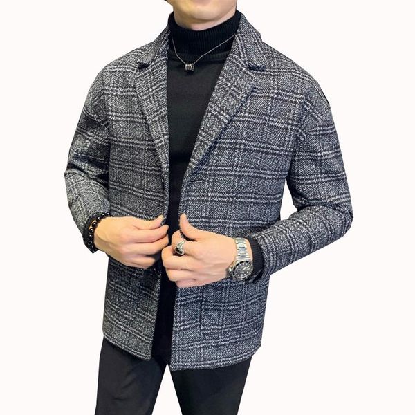 

men's wool & blends 2021 male trend slim handsome casual coat woolen social guy personality british plaid winter windbreaker, Black