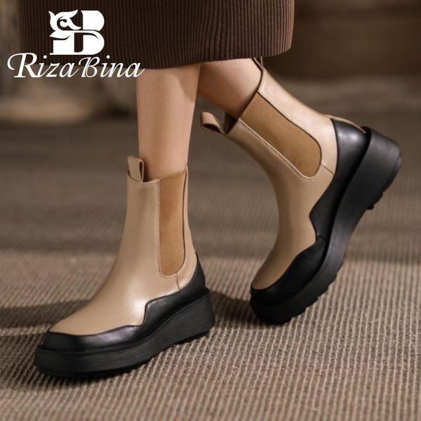 

boots rizabina genuine leather ankle for women shoes thick bottom platform short mixed color ladies footwear size 34-40, Black