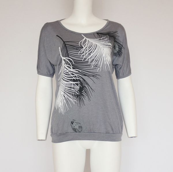 

women summer tshirt casual short sleeve tees off shoulder feather print t-shirt o-neck loose plus size 5xl shirts, White