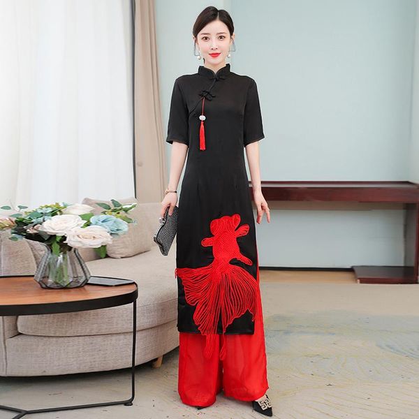 

ethnic clothing 2021 vietnam aodai dress for women chinese improved set flower embroidery female elegant party, Red
