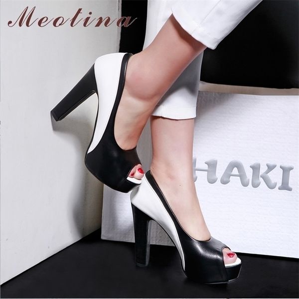 

dress meotina heels women platform spike high heel office lady shoes mixed colors peep toe pumps spring blue big size 33-45 210329, Black