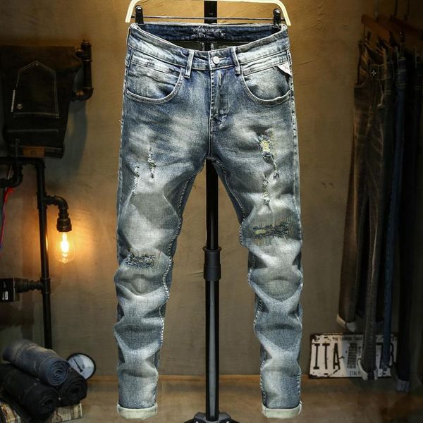 

style fashion men jeans slim fit destroyed ripped light blue casual denim pants streetwear hip hop homme men's