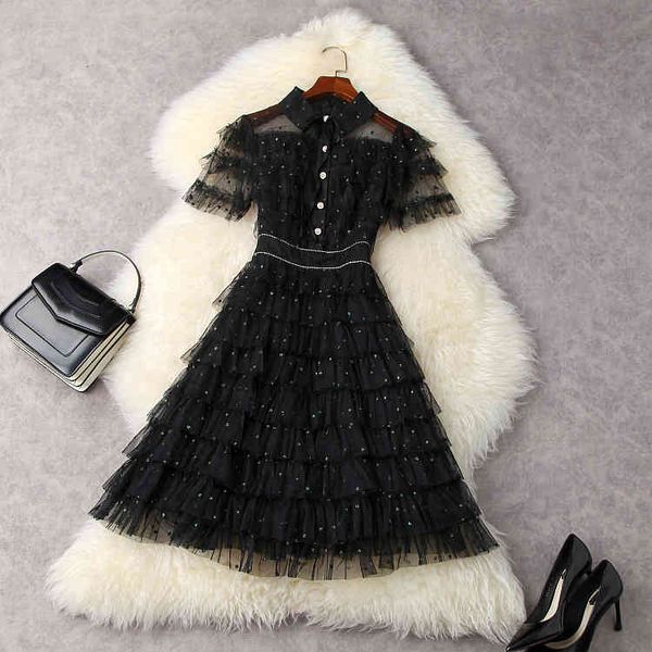 

casual dresses spring short sleeve lapel neck black / pink blue tulle ribbon tie panelled tiered knee-length dress elegant lm0311900 wge3, Black;gray