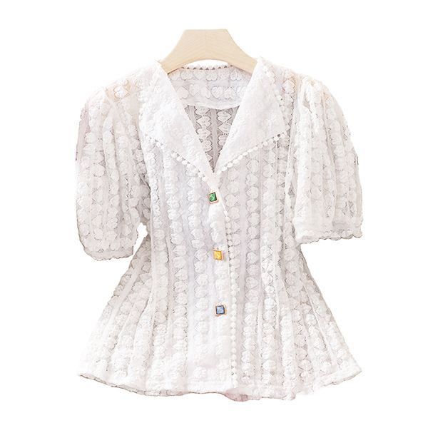 

women chiffon shirt 3d ruffle turn down collar short sleeve button spring summer white pink violet b0660 210514