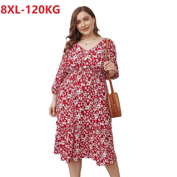 

casual dresses autumn women dress long sleeve print floral plus size 6xl 7xl 8xl female oversize v-neck beach shirt red blue 54 56, Black;gray