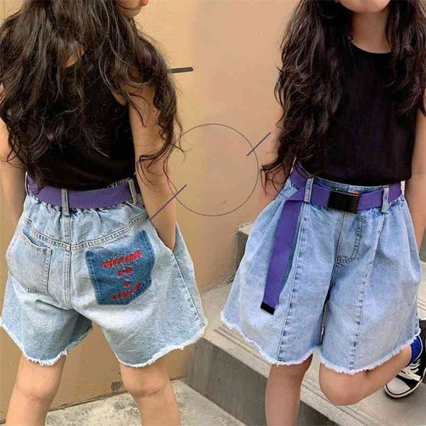 Kızlar Kore yaz gevşek çocuklar kot pantolon pantolon bebek pamuk çocuk işlemeli harfler eğlence pantolon, # 5286 210723