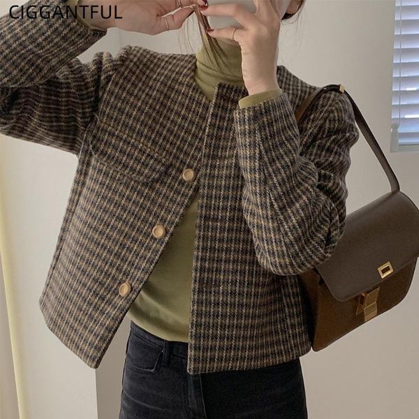 

women's wool & blends spring autumn french vintage round neck chic loose long sleeve cardigan plaid short coat korean fashion casual cr, Black