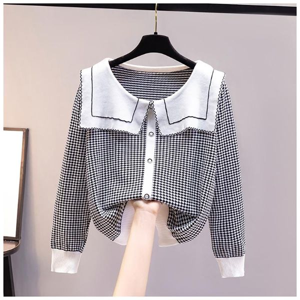 

women's sweaters fashion elegant patchwork plaid long sleeve knitted pullovers women loose baggy spring autumn doll collar sweater woma, White;black