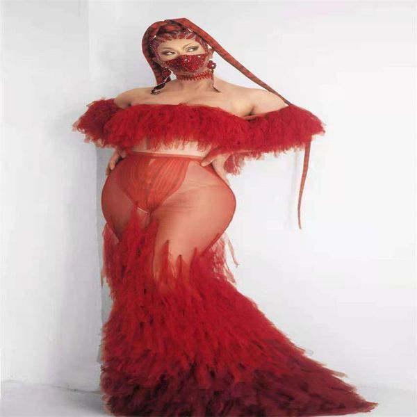 

party decoration wa04 red color see-through evening long trailing dress club singer perform skirt mesh tights elastic female wear bar