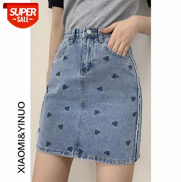 

[ou fan] 7927 small denim skirt, love embroidery, a-line female #gd2j, Black;gray