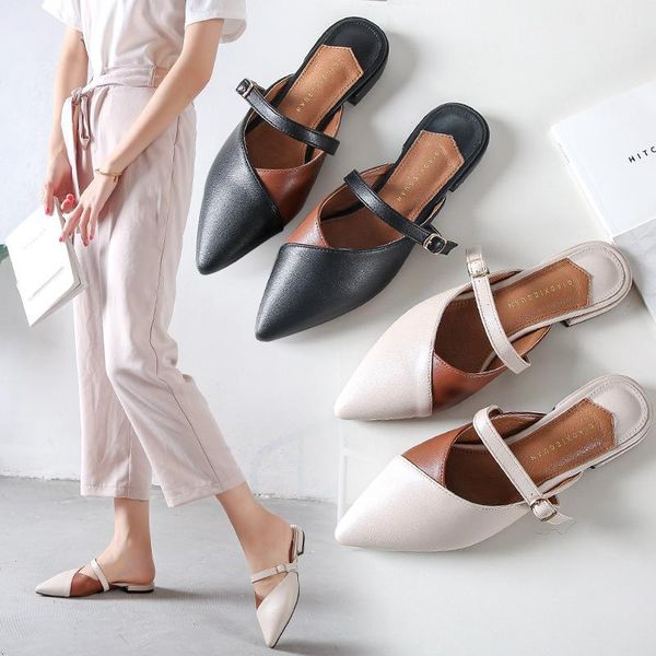 

slippers summer classic mules slides pu leather outdoor slipper flat heel buckle woman pointed toe shoes fashion sandals 896, Black