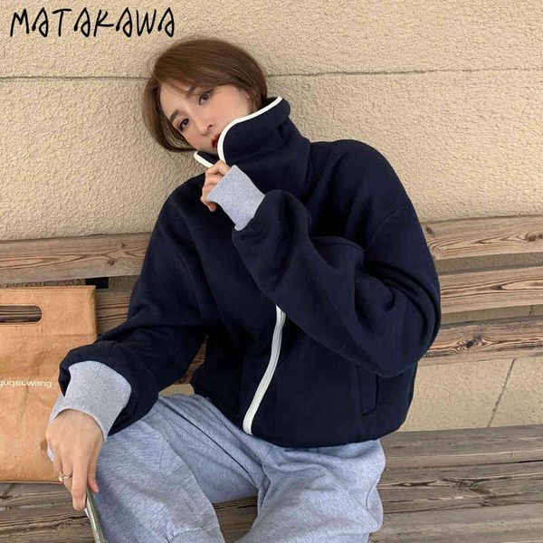 

plus velvet sports hoodies women loose autumn and winter sweatshirt casual stand-up collar long-sleeved 210506, Black