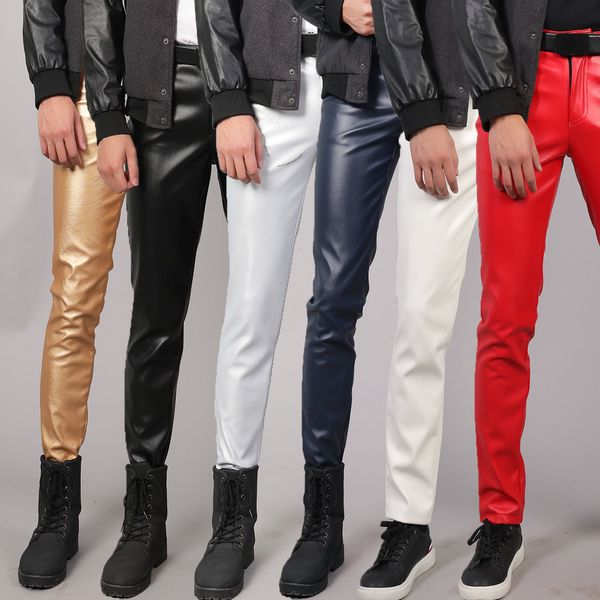 

men's pants leather elastic slim fashion waterproof white dance performance bar pencil moto & biker pu black rlj3