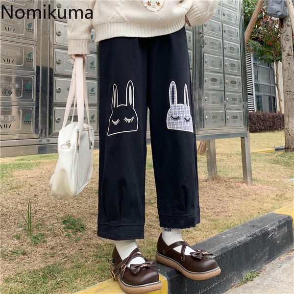 

nomikuma cartoon rabbit embroideroy appliques women pants high waist japanese cargo trousers new causal ankle pants 6e442 210427, Black;white
