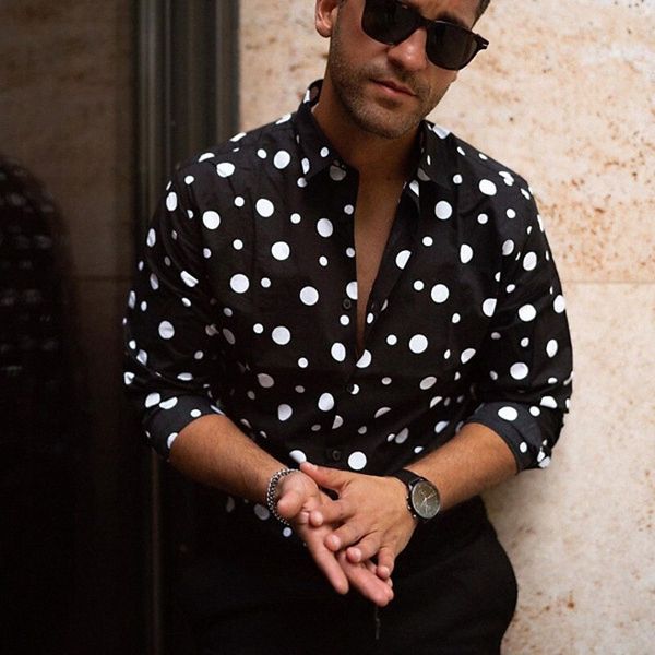 

men's shirt polka dot standing collar casual daily button-down long sleeve casual fashion breathable comfortable black q1z1#, White;black