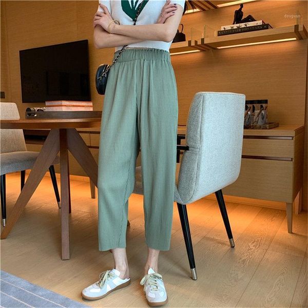 

women's pants & capris hzirip comfortable soft pleated 2021 straight loose summer high waist ankle-length pant solid street casual penc, Black;white