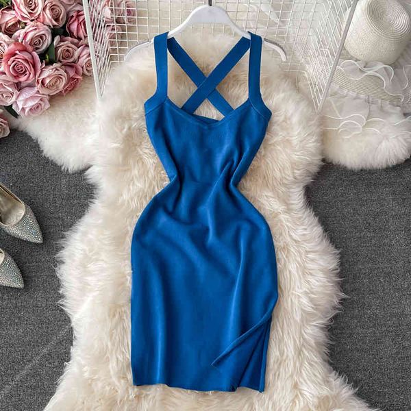 

two piece dress v-neck spaghetti strap knit bodycon women summer chic criss-cross open back slim elastic split mini party muj, White