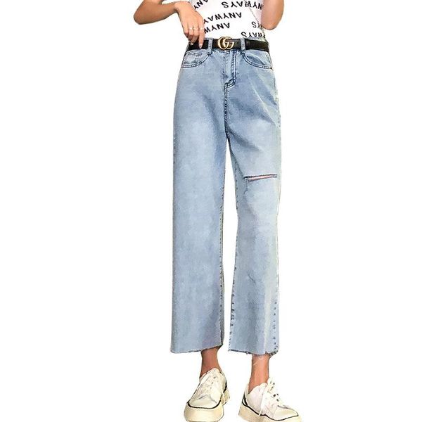 

autumn straight-leg ripped pants women high-waist trousers loose casual jeans celebrity clothing feminine women's, Blue