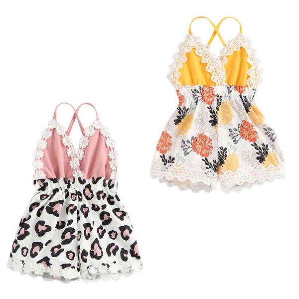 

2021-05-04 lioraitiin 0-3years infant baby girl floral/leopard print romperlace sleeveless v-neck elastic waist sling jumpsuit g220223, Blue