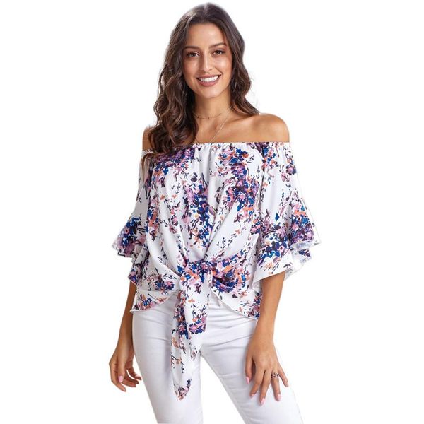 

women off shoulder floral tie front high low chiffon blouse 3/4 sleeve slash neck shirt women's blouses & shirts, White
