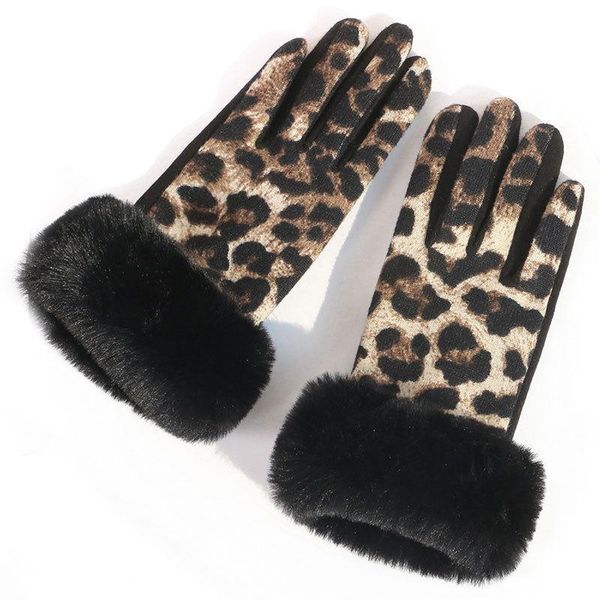 

five fingers gloves women' autumn winter fashion keep warm fur leopard print mitts outdoor cycling running skiing touch screen, Blue;gray